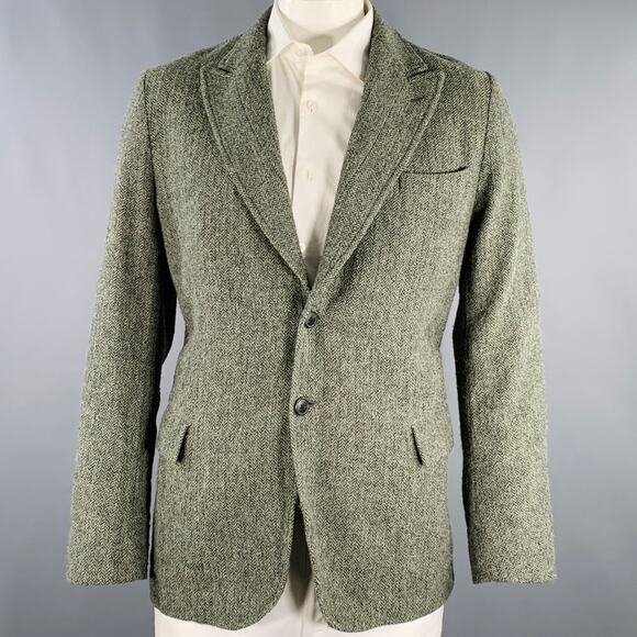 DRIES VAN NOTEN Size 44 Green Herringbone Wool Peak Lapel Sport Coat - Picture 1 of 6